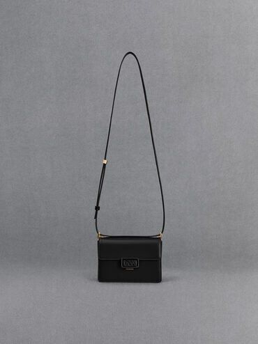 Leather Boxy Bag, Black, hi-res