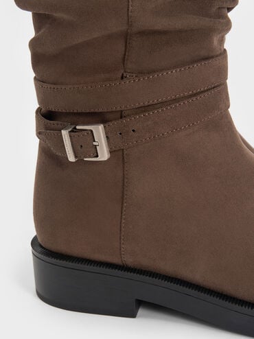 Ellis Faux Suede Ruched Buckled Fold-Over Thigh-High Boots, Dark Brown Textured, hi-res
