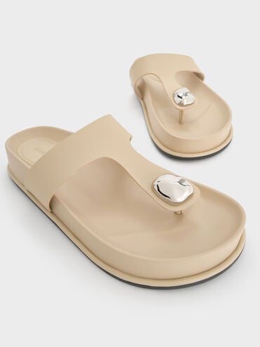 Sculpted-Accent Flatform Thong Sandals, Taupe, hi-res