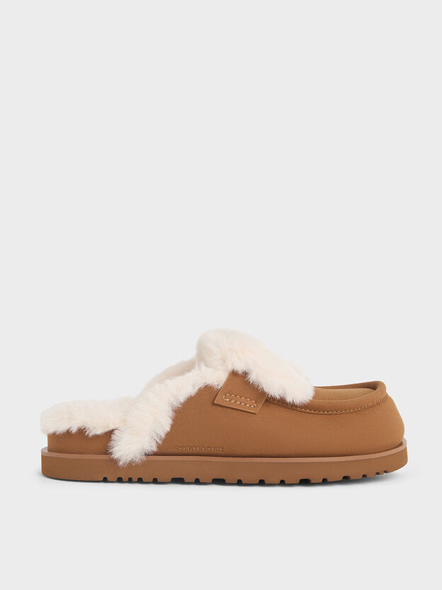 Textured Fur-Trim Flatform Mules, Brown, hi-res