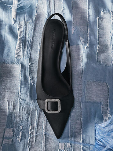 Satin Crystal-Buckle Pointed-Toe Slingback Flats, Black Textured, hi-res