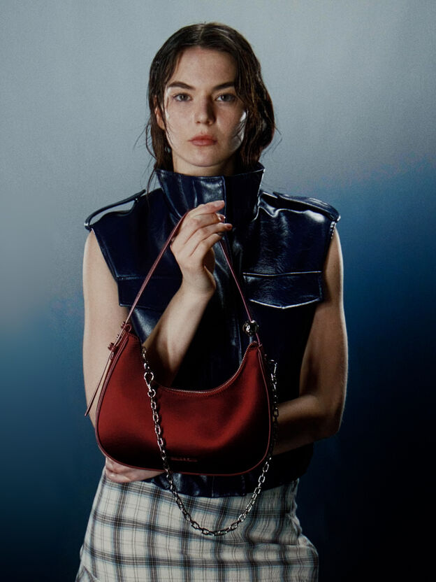 Jesmyn Satin Chain Two-Way Bag, Burgundy, hi-res