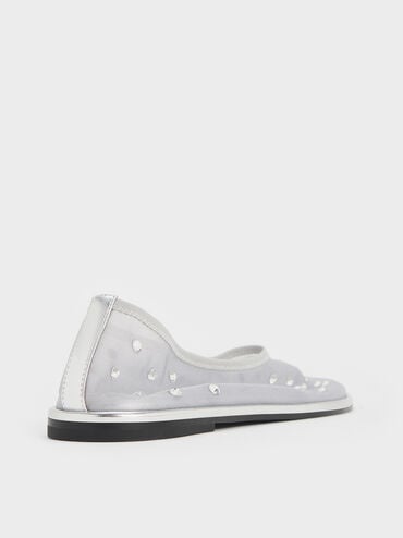 Mesh Gem-Embellished Ballet Flats, Silver, hi-res