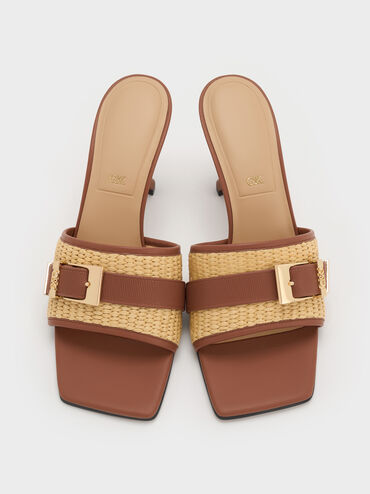 Whitney Leather & Raffia Buckled Heeled Mules, Brown, hi-res