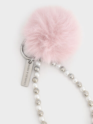 Pearl Beaded-Strap Furry Ball Charm, Cotton Candy Pink, hi-res