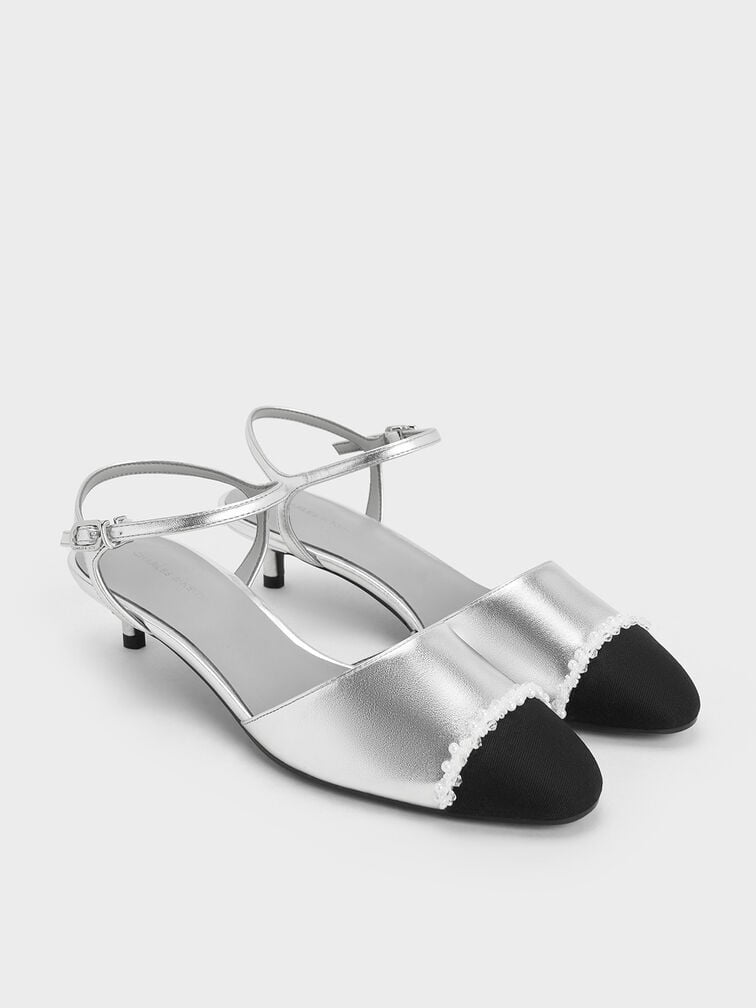Metallic Pearl-Embellished Cap-Toe Kitten Heels, Silver, hi-res