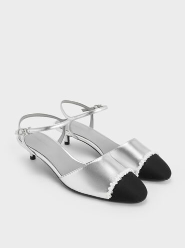 Metallic Pearl-Embellished Cap-Toe Kitten Heels, Silver, hi-res
