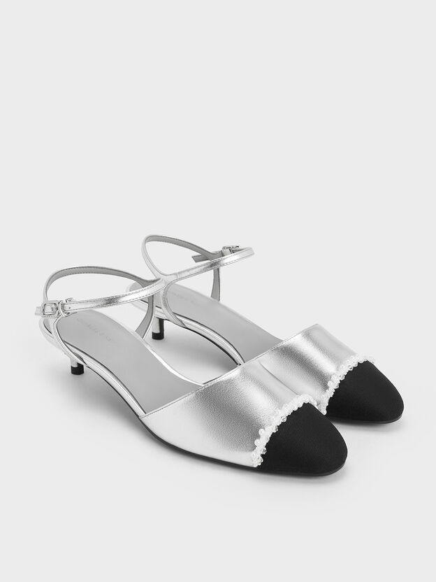 Metallic Pearl-Embellished Cap-Toe Kitten Heels, Silver, hi-res