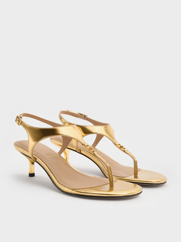 Metallic Leather Thong Kitten Heels, Gold, hi-res