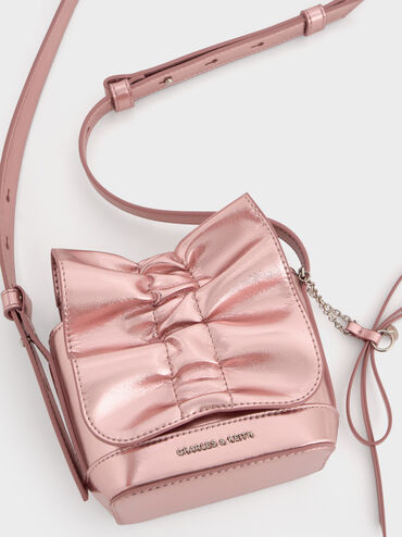 Kadee Metallic Bow-Charm Ruched Mini Bag, Aura Pink, hi-res