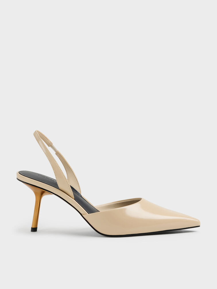 Pointed Slant-Heel Slingback Pumps, Beige, hi-res
