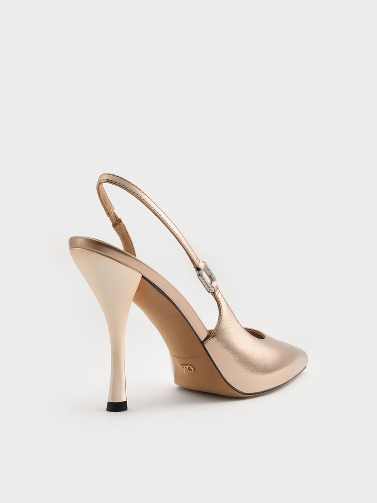 Metallic Leather Crystal-Buckle Slingback Pumps, Bronze, hi-res