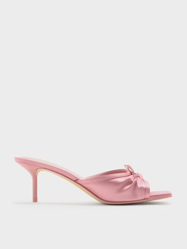 Sadira Satin Ruched Bow Heeled Mules, Pink, hi-res