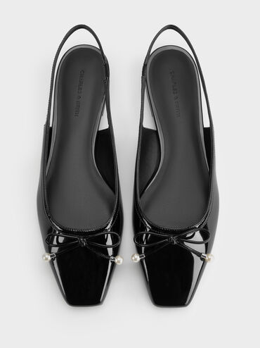 Barbara Patent Pearl-Embellished Bow Slingback Flats, Black Patent, hi-res