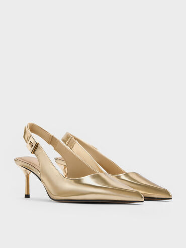 Cody Metallic Leather Pointed-Toe Kitten-Heel Slingback Pumps, Gold, hi-res