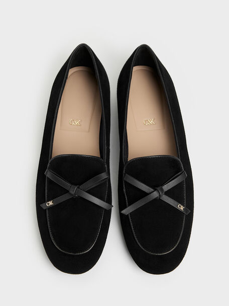Leather & Suede Bow Loafers, Black Textured, hi-res