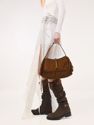 Cesia Recycled Suede Metallic-Accent Fringed Shoulder Bag, Sienna Brown, hi-res
