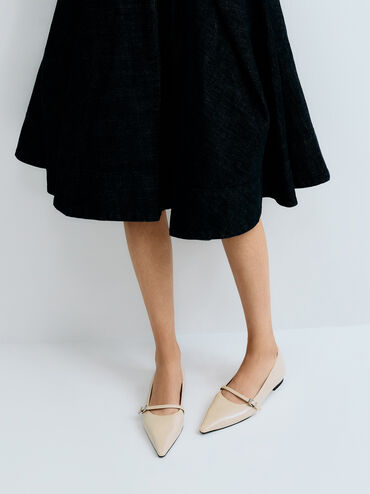 Crinkle-Effect Pointed Ballet Flats, Beige, hi-res