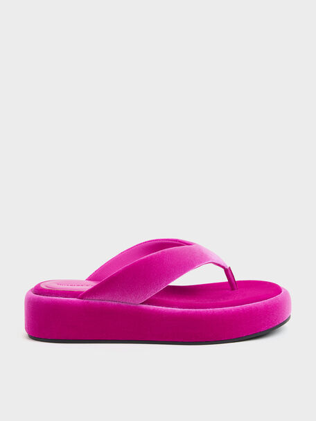 Velvet Flatform Thong Sandals, Fuchsia, hi-res