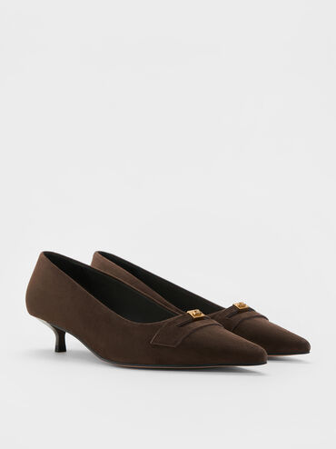 Georgina Suede Pointed-Toe Kitten-Heel Pumps, Dark Brown Textured, hi-res