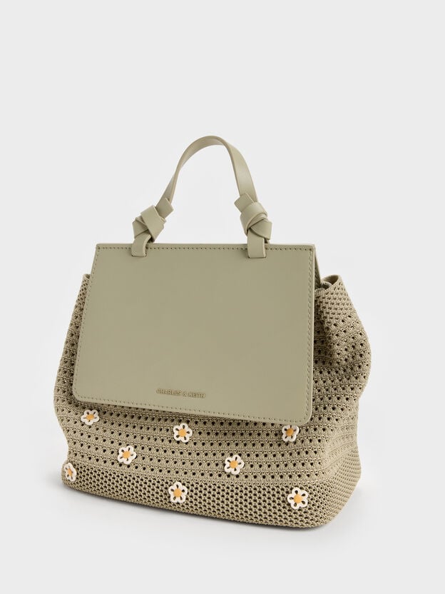 Girls' Ida Flower Knitted Backpack, Pale Olive, hi-res