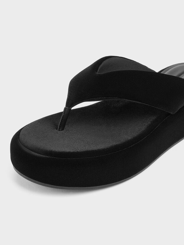 Velvet Flatform Thong Sandals, Black Textured, hi-res