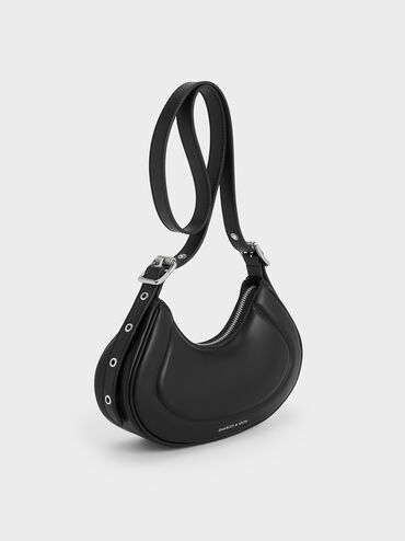 Petra Grommet-Strap Curved Shoulder Bag, Noir, hi-res