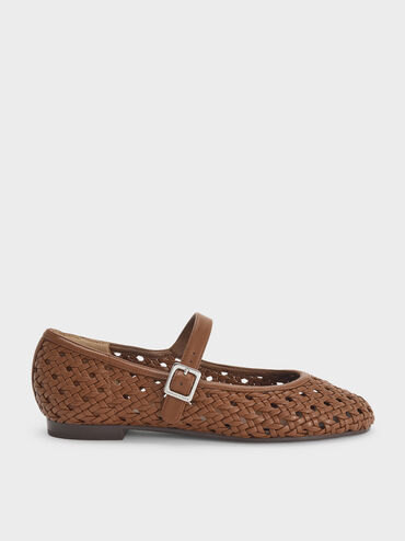 Woven Mary Jane Flats, Brown, hi-res