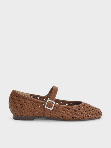 Woven Mary Jane Flats, Brown, hi-res