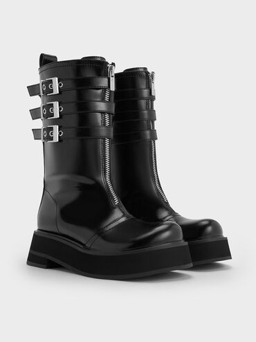 Nikki Triple-Buckle Calf Boots, Black, hi-res