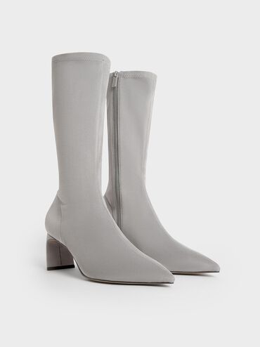 Faux Suede Blade-Heel Pointed-Toe Calf Boots, Grey, hi-res