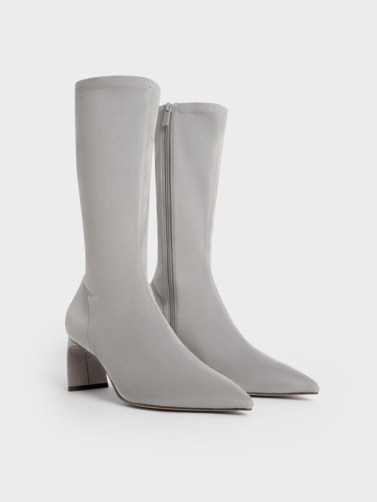 Faux Suede Blade-Heel Pointed-Toe Calf Boots, Grey, hi-res