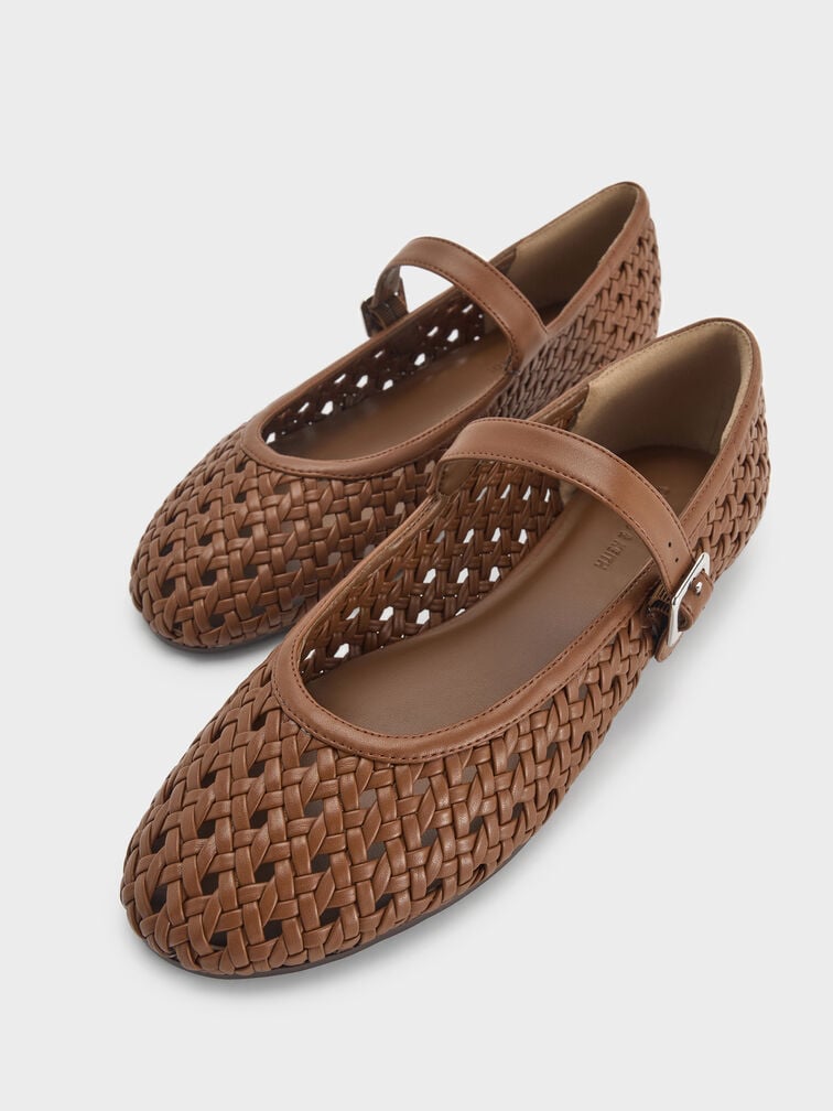 Woven Mary Jane Flats, Brown, hi-res