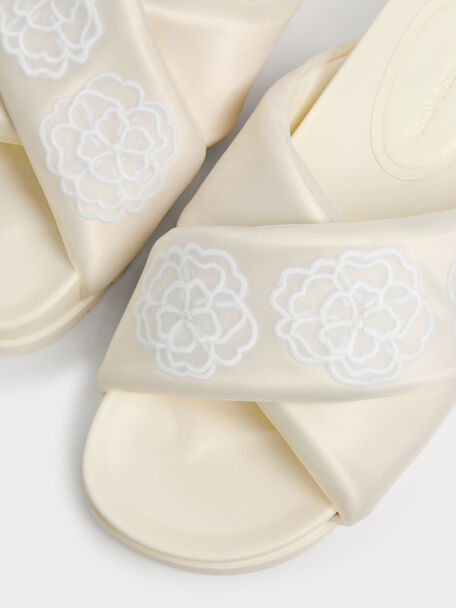 Satin Embroidered-Flower Crossover Sandals, Chalk, hi-res