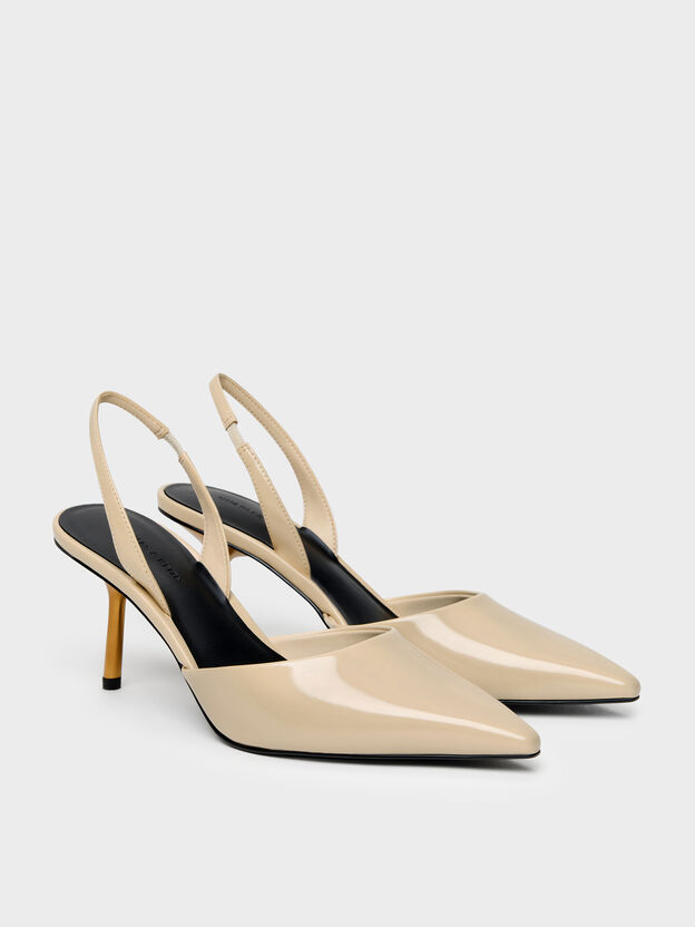 Pointed Slant-Heel Slingback Pumps, Beige, hi-res