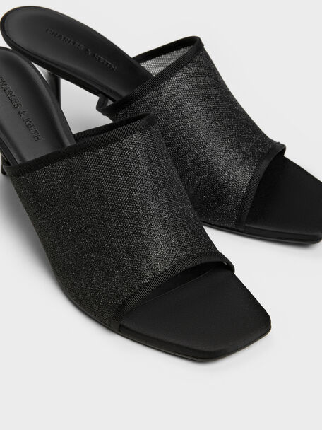 Glittered Mesh Heeled Mules, Black Textured, hi-res