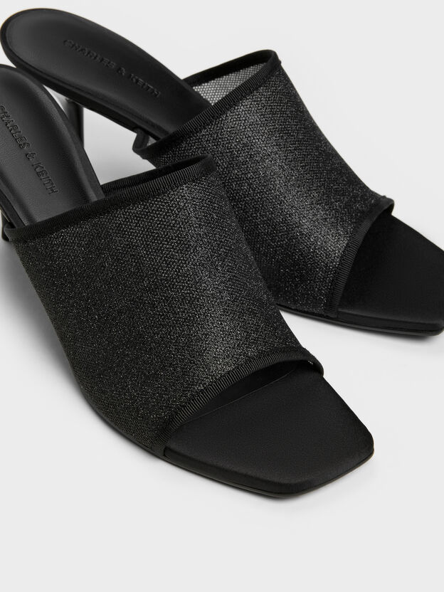 Glittered Mesh Heeled Mules, Black Textured, hi-res