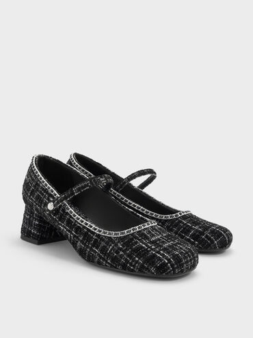 Tweed Braided-Chain Block-Heel Mary Jane Pumps, Black Textured, hi-res
