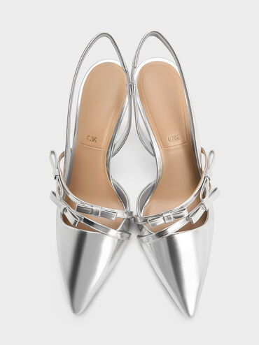 Jessy Metallic Leather Bow Slingback Pumps, Silver, hi-res
