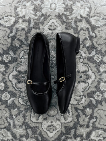 Contrast-Trim Buckle-Strap Mary Janes, Black, hi-res