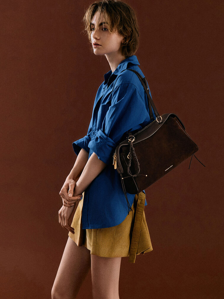 Haylen Braided-Charm Shoulder Bag, Espresso Brown, hi-res