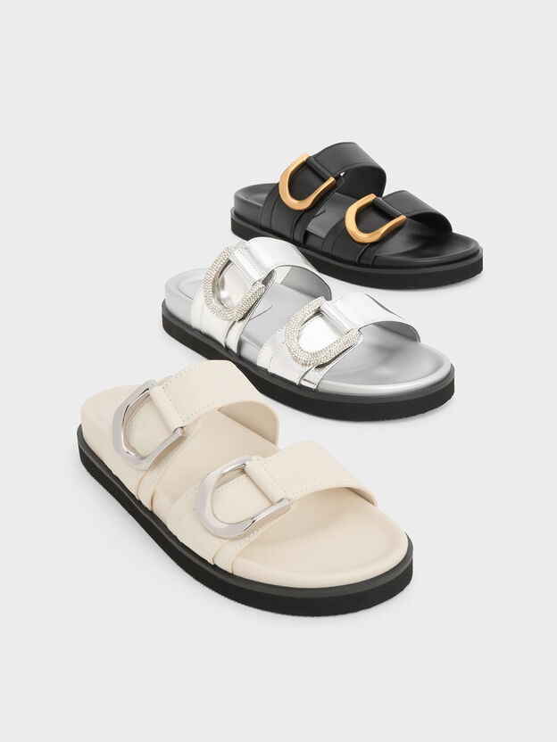 Gabine Crystal-Embellished Buckle Metallic Leather Slides, Silver, hi-res