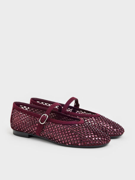 Maggie Mesh Crystal Mary Janes, Burgundy, hi-res