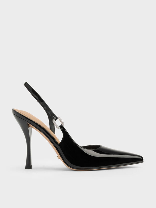 Patent Leather Crystal-Buckle Slingback Pumps, Black Patent, hi-res