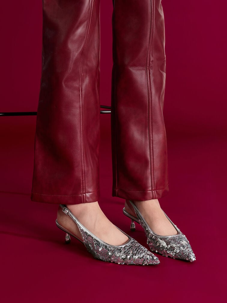 Ruthie Sequinned Slingback Pumps, Silver, hi-res