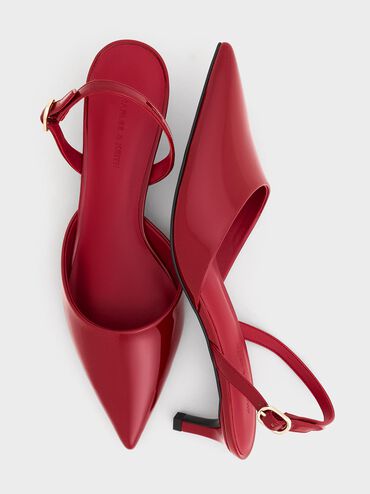 Patent Pointed-Toe Slingback Kitten Heels, Red, hi-res