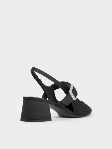 Satin Crystal-Buckle Block-Heel Slingback Pumps, Black Textured, hi-res