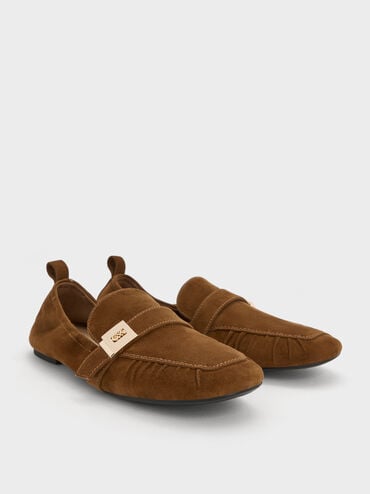 Cody Suede Metallic-Buckle Ruched Loafers, Brown, hi-res