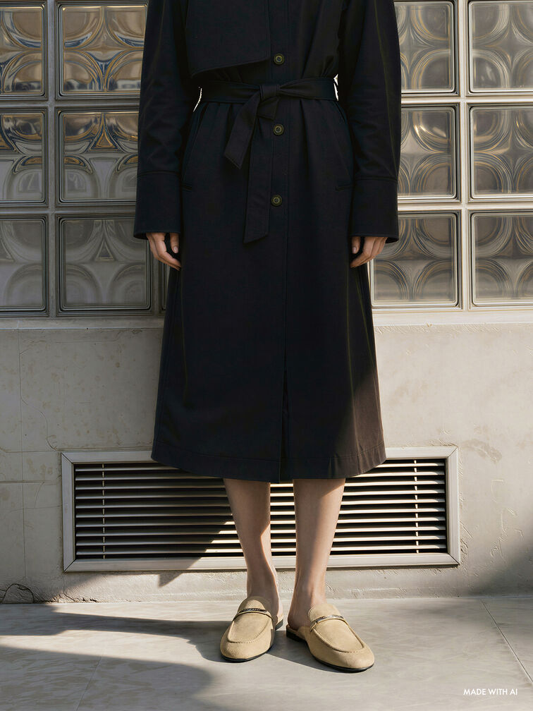 Faux Suede Metallic-Bar Loafer Mules, Beige, hi-res