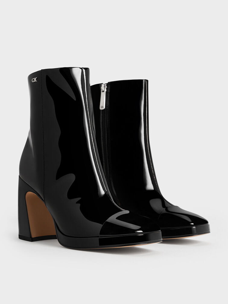 Jyll Patent Leather Sculptural-Heel Ankle Boots, Black Patent, hi-res